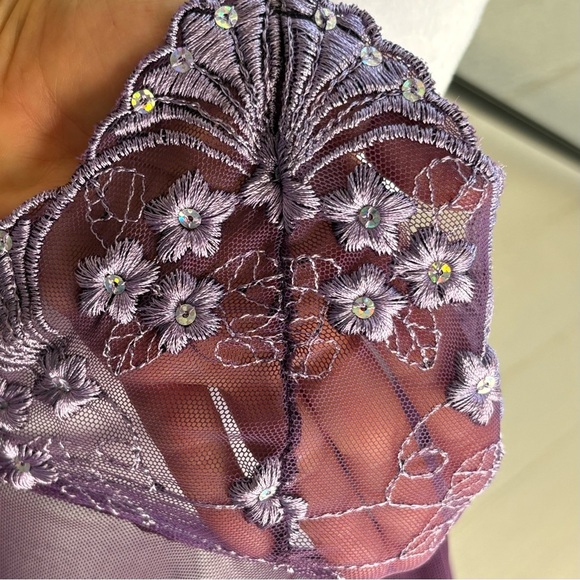 Womens 2XL Sheer Mesh Babydoll Mini Slip Dress Sequins Embroidery Purple Sexy - Picture 4 of 9